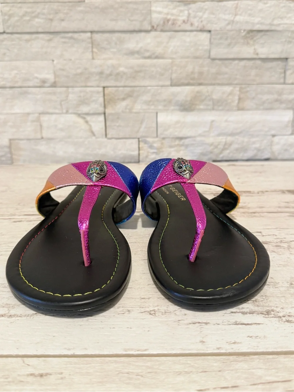 Kurt Geiger Kensington T-Bar Metallic Leather Slip On Sandals Sz 38.5 EU 8 NEW - Picture 7 of 15